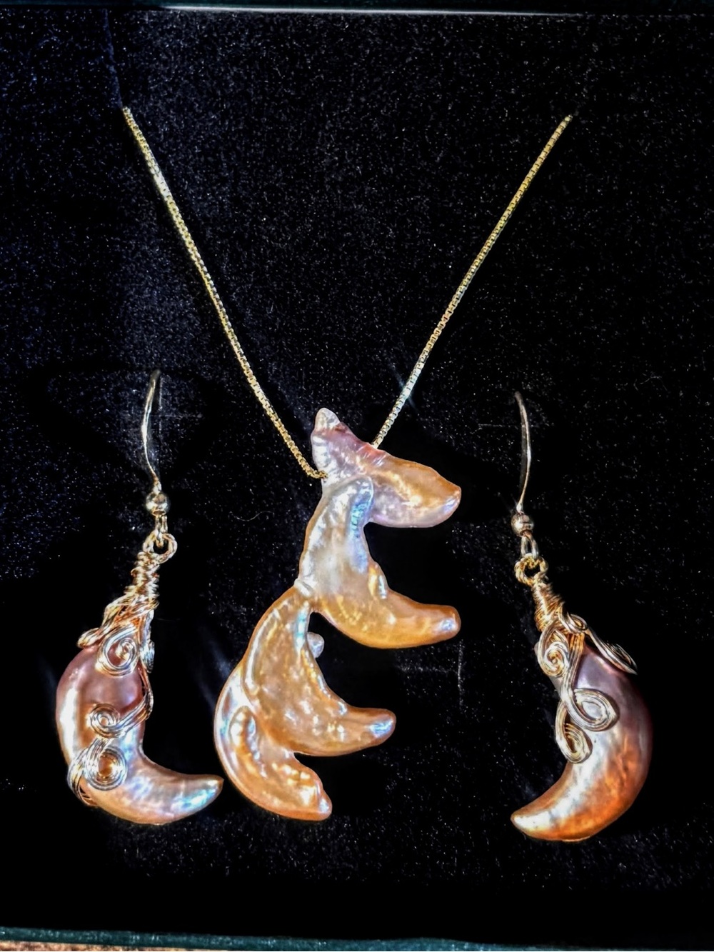 18k Gold Plated Baroque Pearl Crescent Moon Necklace and Earring Jewelry Set